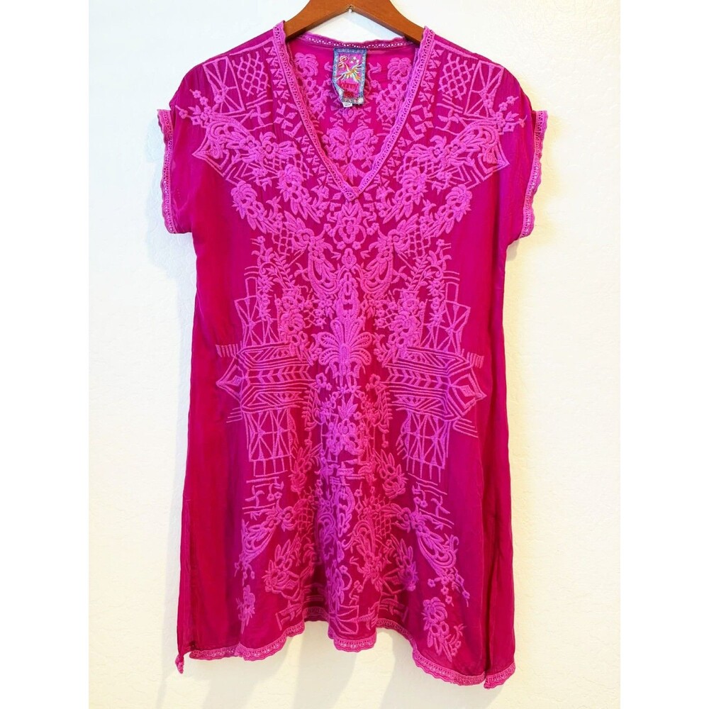 JOHNNY WAS XS Tunic Top or Cover Up Magenta Embroidered Boho VNeck Flowy Sheer